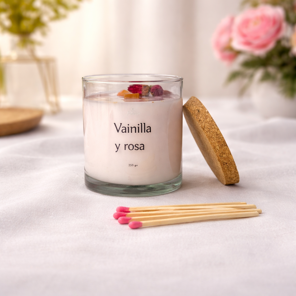 Vela de Vainilla y rosa 250 grs con cerillas