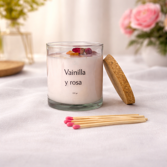 Vela de Vainilla y rosa 250 grs con cerillas