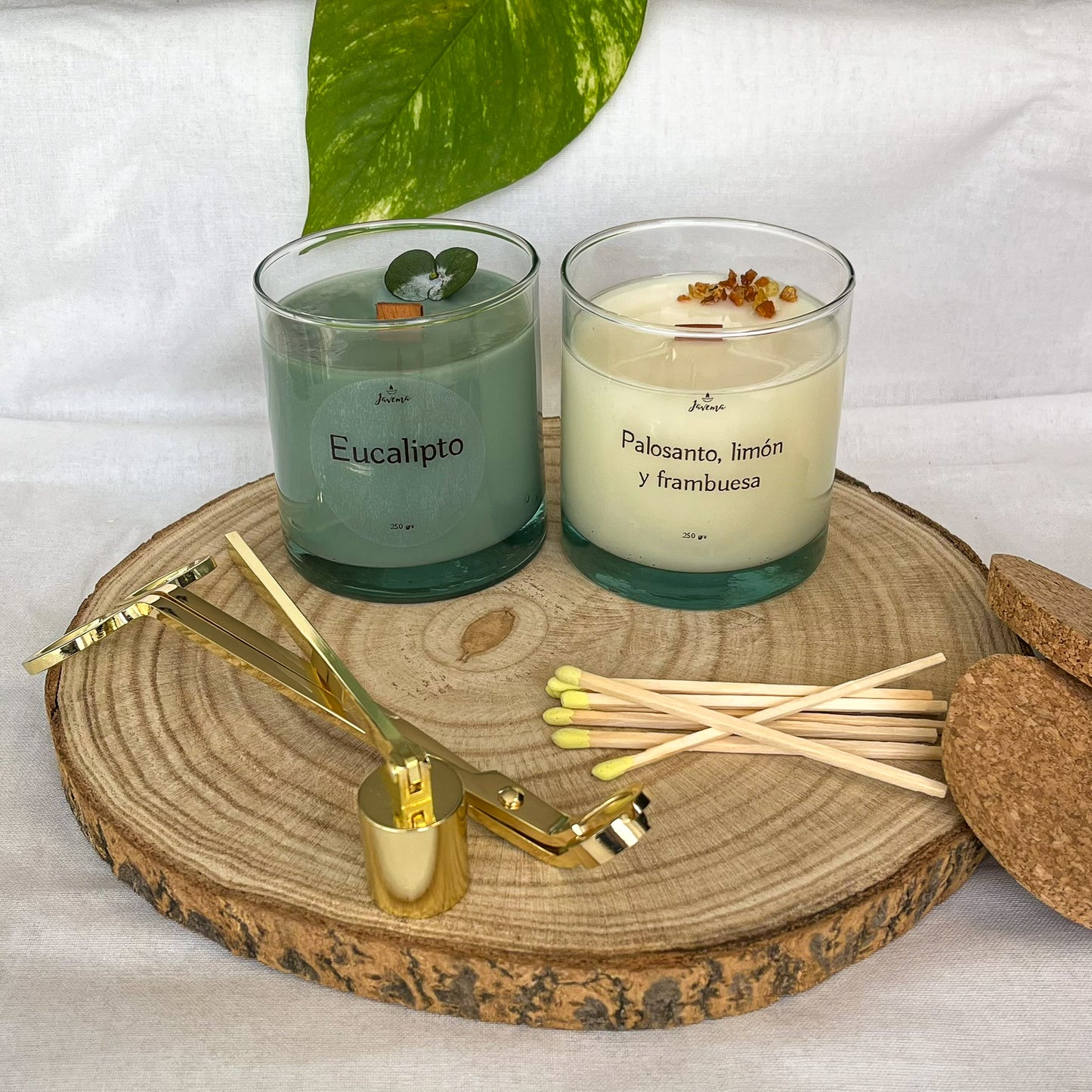 Pack Velas Soja 250 g con Kit – Eucalipto & Palo Santo, Limón y Frambuesa