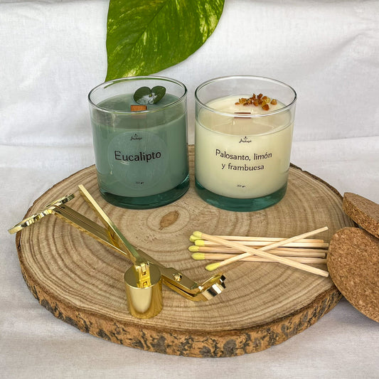 Pack Velas Soja 250 g con Kit – Eucalipto & Palo Santo, Limón y Frambuesa