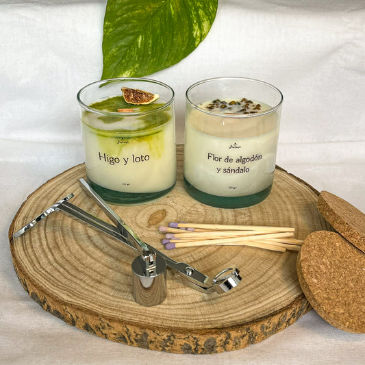 Pack Velas Soja 250 g con Kit – Higo y Loto & Flor de Algodón y Sándalo