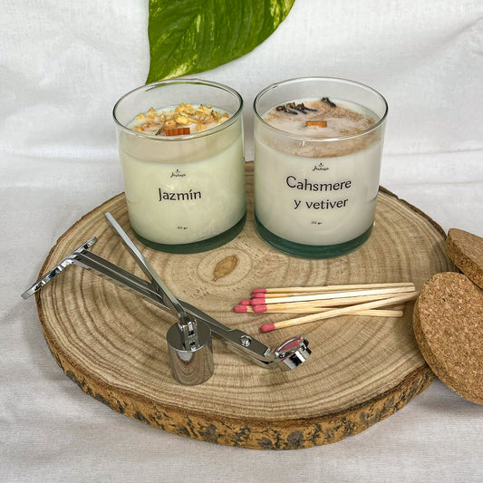 Pack Velas Soja 250 g con Kit – Jazmín & Cashmere y Vetiver