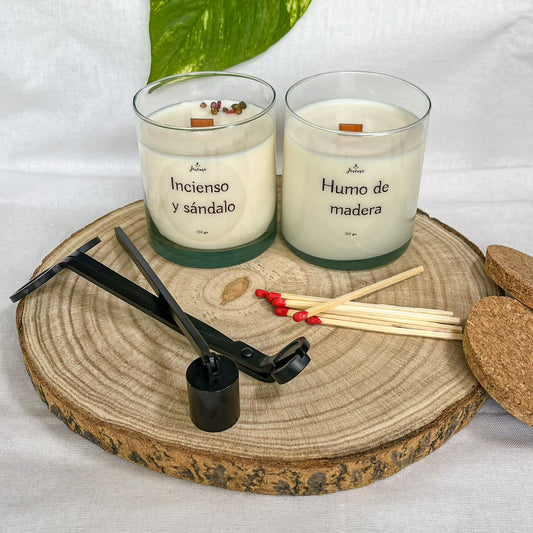 Pack Velas Soja 250 g con Kit – Incienso y Sándalo & Humo de Madera