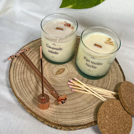 Pack Velas Soja 250 g con Kit – Caramelo Salado & Pan Recién Hecho