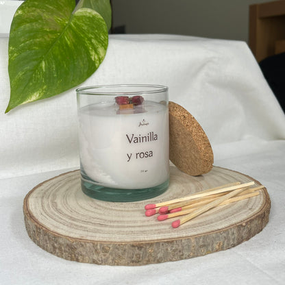 Vela de Vainilla y rosa 250 grs con cerillas