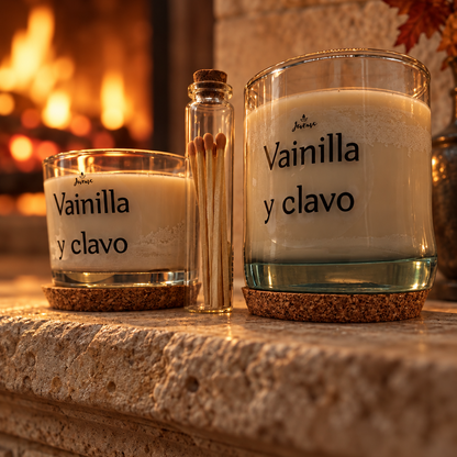 Vela de vainilla y clavo con cerillas