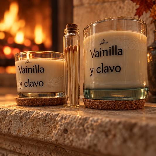 Vela de vainilla y clavo con cerillas
