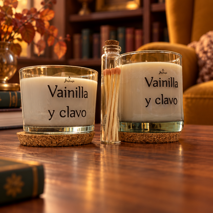 Vela de vainilla y clavo con cerillas